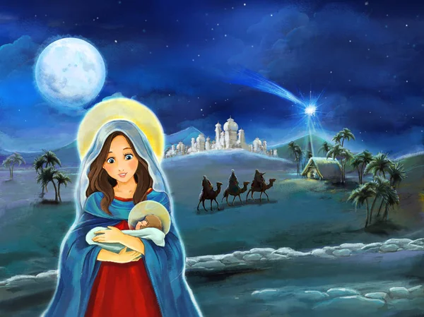 Zeichentrickszene Mit Maria Und Jesus Christus Und Reisenden Königen Illustration — Stockfoto