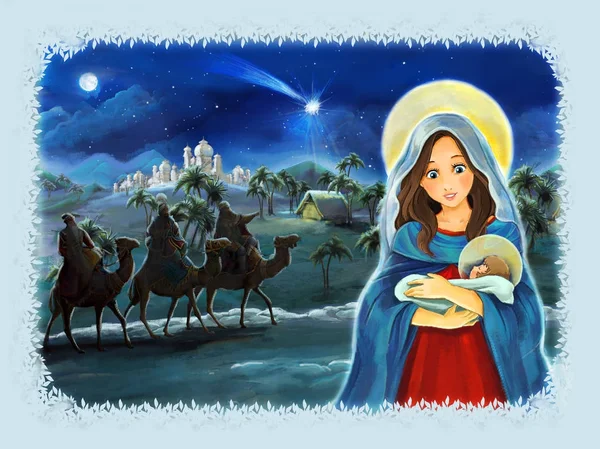 Cartoon Scène Met Maria Jezus Christus Reizende Kings Illustratie Voor — Stockfoto