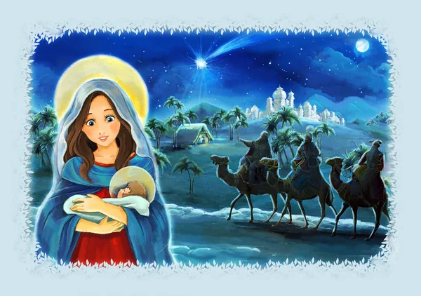 Γελοιογραφία Σκηνή Μαρία Και Τον Ιησού Χριστό Και Ταξιδεύουν Βασιλιάδες — Φωτογραφία Αρχείου
