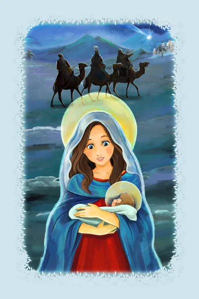 Cartoon Scène Met Maria Jezus Christus Reizende Kings Illustratie Voor — Stockfoto