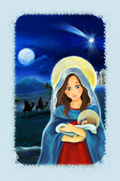 卡通场面与玛丽和耶稣基督和旅行的国王 例证为孩子 — 图库照片