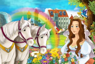 çizgi film sahne atlar akış gökkuşağı ve Sarayı içinde belgili tanımlık geçmiş genç kız gelin izliyor ve çocuklar için resimde gülümseyen güzel çifti ile