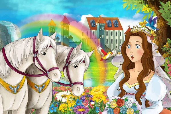 Cartoon Szene Mit Schönen Paar Pferde Strömen Regenbogen Und Palast — Stockfoto