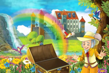 bazı özel ahşap göğüs yakınındaki Cüce ile çizgi film sahne güzel gökkuşağı şelale ve Ortaçağ Kalesi illüstrasyon çocuklar için