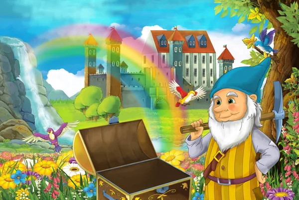 いくつかの特別な木製の胸付近の萎縮と漫画シーン美しい虹の滝と子供のための中世の城図 — ストック写真