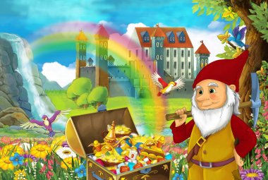 çizgi film sahne güzel akışı gökkuşağı ve sarayda küçük cüce eski ağaç quarding göğüs dolu hazineler ve çocuklar için gülümseyen illüstrasyon gizli evinizin yakınında duran arka plan