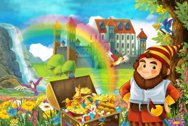 çizgi film sahne güzel akışı gökkuşağı ve sarayda küçük cüce eski ağaç quarding göğüs dolu hazineler ve çocuklar için gülümseyen illüstrasyon gizli evinizin yakınında duran arka plan