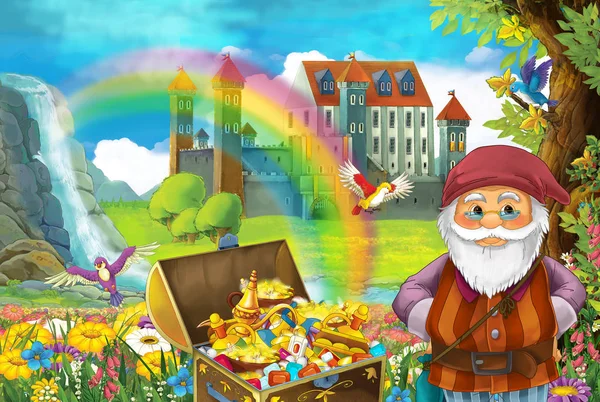 cartoon scene with beautiful stream rainbow and palace in the background little dwarf is standing near hidden home in old tree quarding chest full of treasures and smiling illustration for children