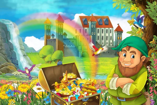 cartoon scene with beautiful stream rainbow and palace in the background little dwarf is standing near hidden home in old tree quarding chest full of treasures and smiling illustration for children