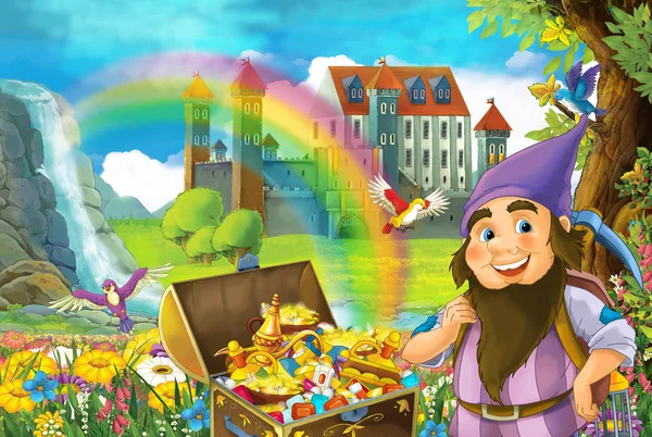 Rajzfilm Jelenet Gyönyörű Patak Rainbow Háttérben Kis Törpe Állandó Rejtett — Stock Fotó
