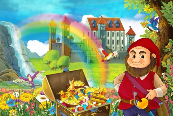 Rajzfilm Jelenet Gyönyörű Patak Rainbow Háttérben Kis Törpe Állandó Rejtett — Stock Fotó