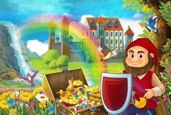 Cartoon Scene Beautiful Stream Rainbow Palace Background Little Dwarf Standing — Stock Photo, Image