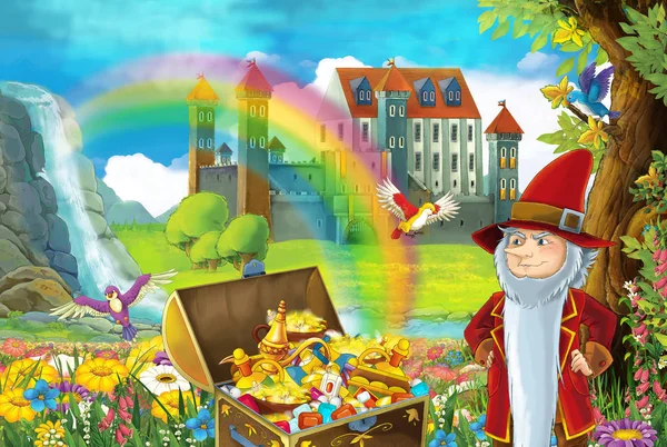 漫画のシーンを美しいストリーム虹とリトル矮星は古いツリー Quarding 胸の宝物と子供たちの笑顔のイラストいっぱいの隠された家の近く立っている背景の宮殿 — ストック写真