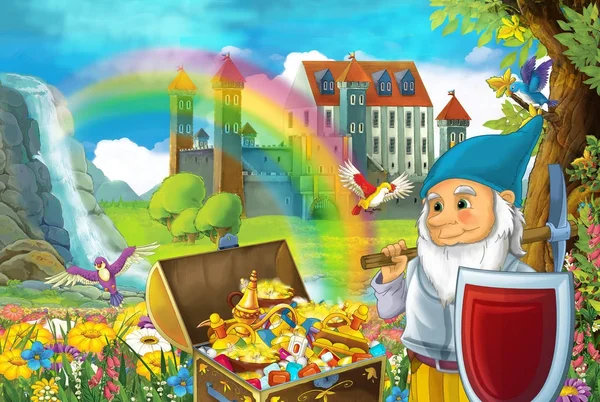 Rajzfilm Jelenet Gyönyörű Patak Rainbow Háttérben Kis Törpe Állandó Rejtett — Stock Fotó