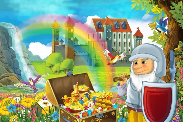 cartoon scene with beautiful stream rainbow and palace in the background little dwarf is standing near hidden home in old tree quarding chest full of treasures and smiling illustration for children