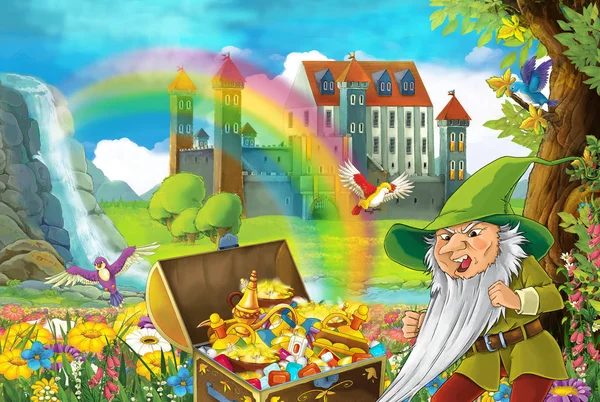 cartoon scene with beautiful stream rainbow and palace in the background little dwarf is standing near hidden home in old tree quarding chest full of treasures and smiling illustration for children