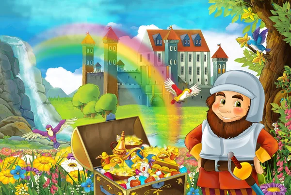 cartoon scene with beautiful stream rainbow and palace in the background little dwarf is standing near hidden home in old tree quarding chest full of treasures and smiling illustration for children