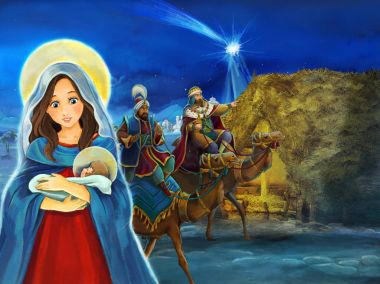 Meryem ve İsa Mesih ve seyahat ile çizgi film sahne kings - illüstrasyon çocuklar için