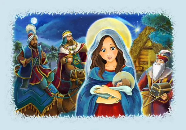 Мультфильм Сцена Марией Иисусом Христом Путешествующими Королями Иллюстрация Детей — стоковое фото