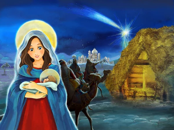 Cartoon Scène Met Maria Jezus Christus Reizende Kings Illustratie Voor — Stockfoto