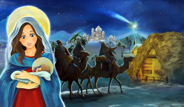 Cartoon Scen Med Maria Och Jesus Kristus Och Resor Kings — Stockfoto