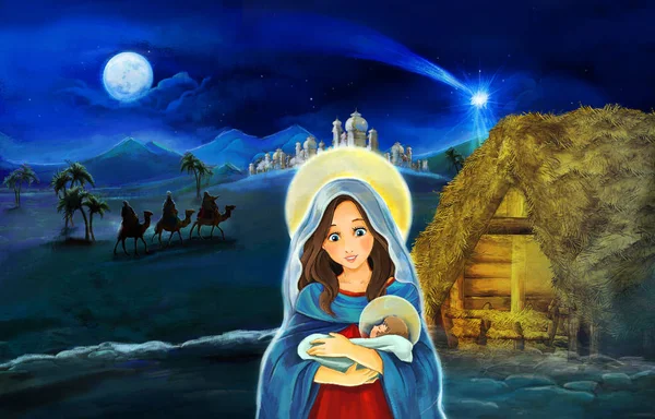 Cartoon Scene Mary Jesus Christ Traveling Kings Illustration Children — Stock Photo, Image