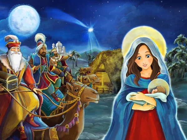 Cartoon Scen Med Maria Och Jesus Kristus Och Resor Kings — Stockfoto