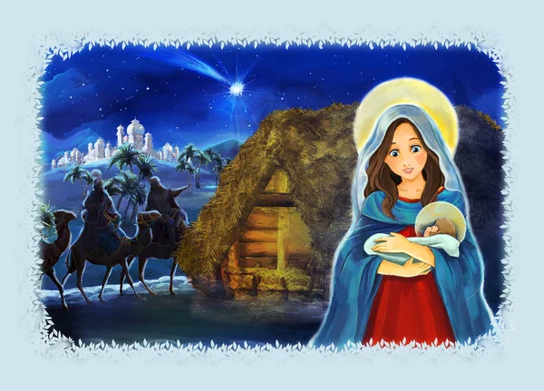 マリアとイエス キリストと旅と漫画シーン キングス 子供のための図 — ストック写真