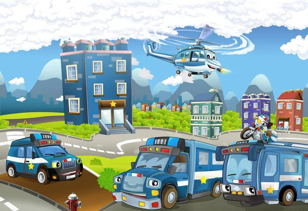 Cartoon stage with different machines for police duty - colorful and cheerful scene - illustration for children