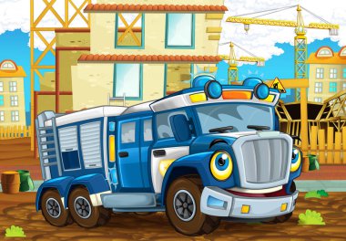 mutlu ve komik karikatür polis kamyon arıyorum ve şehir veya inşaat sitesi - illüstrasyon çocuklar için aracılığıyla sürüş gülümseyen