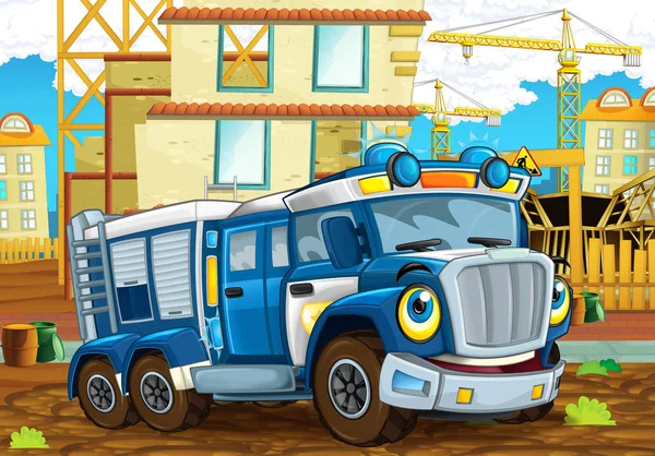 Happy Funny Cartoon Police Truck Looking Smiling Driving City Construction — Stock Photo, Image