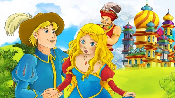 cartoon scene with young married couple - giant sorcerer flying over beautiful castle illustration for children