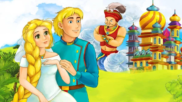 Cartoon Scene Young Married Couple Giant Sorcerer Flying Beautiful Castle — Stock Photo, Image