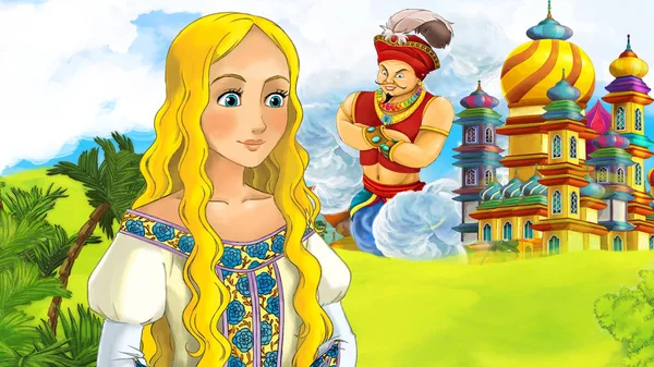 卡通场面与年轻公主 巨型巫师飞行在美丽的城堡例证为孩子 — 图库照片