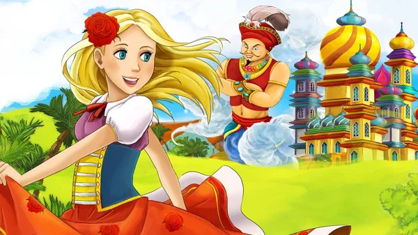 Cartoon Scene Young Princess Giant Sorcerer Flying Beautiful Castle Illustration — Stock Photo, Image