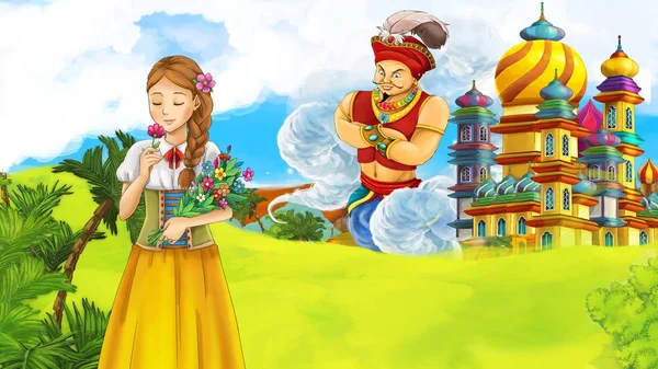 卡通场面与年轻公主 巨型巫师飞行在美丽的城堡例证为孩子 — 图库照片