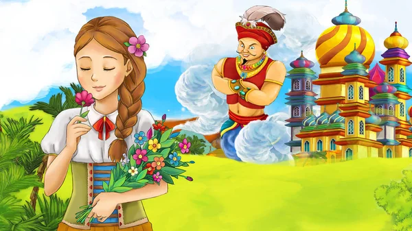cartoon scene with young princess - giant sorcerer flying over beautiful castle illustration for children
