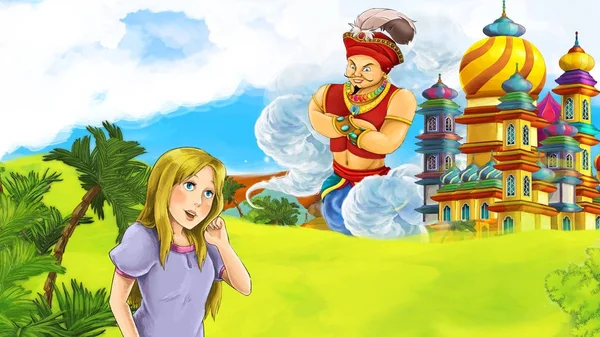 Cartoon Scene Young Princess Giant Sorcerer Flying Beautiful Castle Illustration — Stock Photo, Image