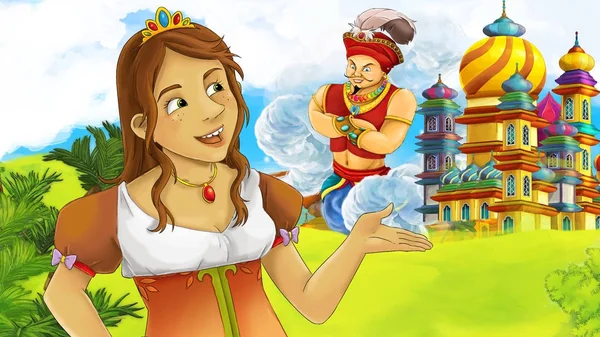 cartoon scene with young princess - giant sorcerer flying over beautiful castle illustration for children