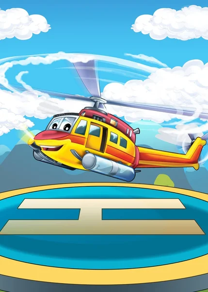Cartoon Scène Voor Ander Gebruik Stadsgezicht Met Landing Van Helikopter — Stockfoto