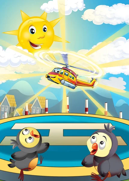 Cartoon Scene Different Usage Cityscape Helicopter Landing Illustration Children — Stock Photo, Image