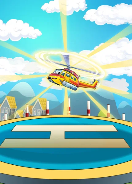 Cartoon Scen För Olika Användning Stadsbilden Med Helikopter Landning Illustration — Stockfoto