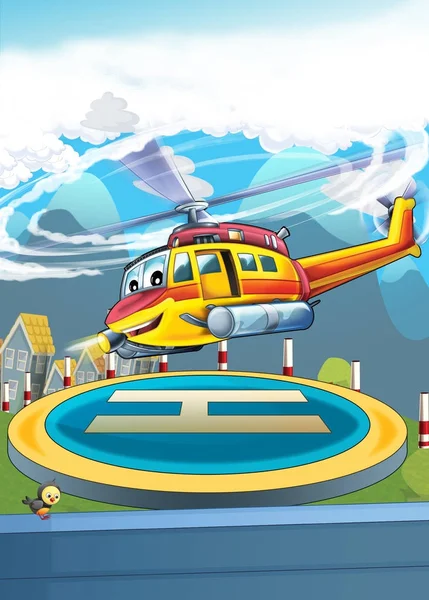 Cartoon Scene Different Usage Cityscape Helicopter Landing Illustration Children — Stock Photo, Image