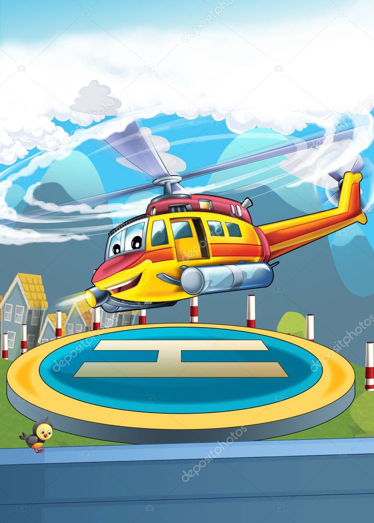 cartoon scene for different usage - cityscape with helicopter landing - illustration for children