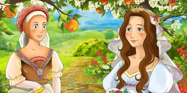 Cartoon happy girls under apple tree near the meadow - bride - illustration for children