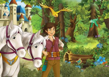 Genç Prens - ahşap kulübe - beyaz at arka - illüstrasyon çocuklar için Toplantı ormandaki güzel bir kızla sahne çizgi film