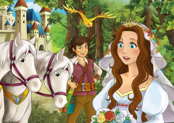 Cartoon scene with some beautiful girl in forest meeting young prince - wooden hut - white horses in the back - illustration for children