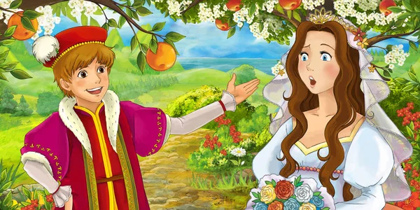 Zeichentrickszene Mit Prinz Und Prinzessin Braut Und Ihr Bruder Illustration — Stockfoto