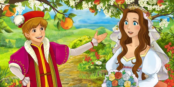 Zeichentrickszene Mit Prinz Und Prinzessin Braut Und Ihr Bruder Illustration — Stockfoto