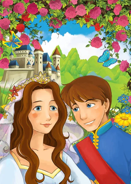 Cartoon happy couple talking in the garden full of roses - illustration for children